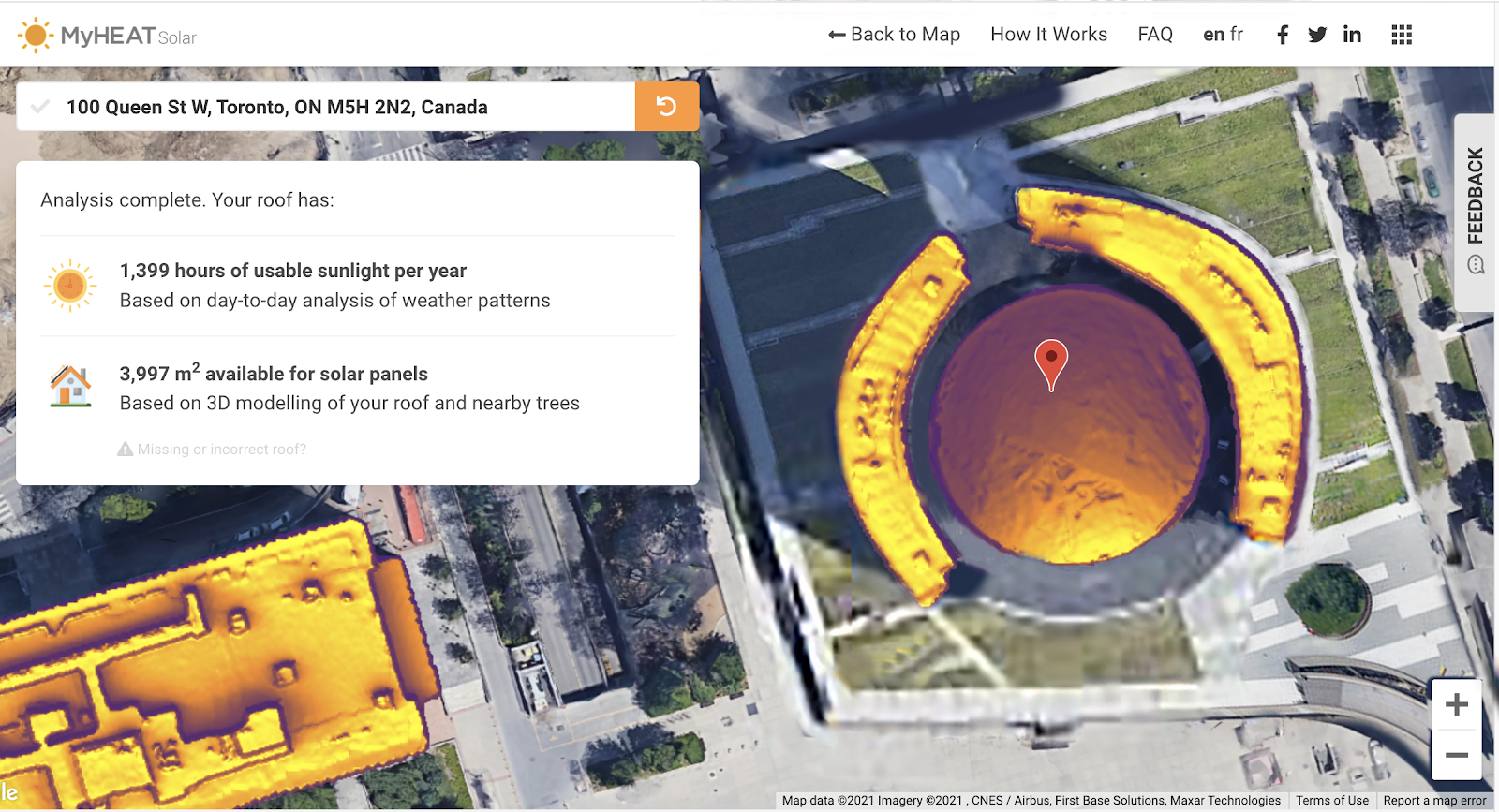 A solar map showing how much sun the roof of the Toronto City Hall building gets at 100 Queen St. W, Toronto, Ontario