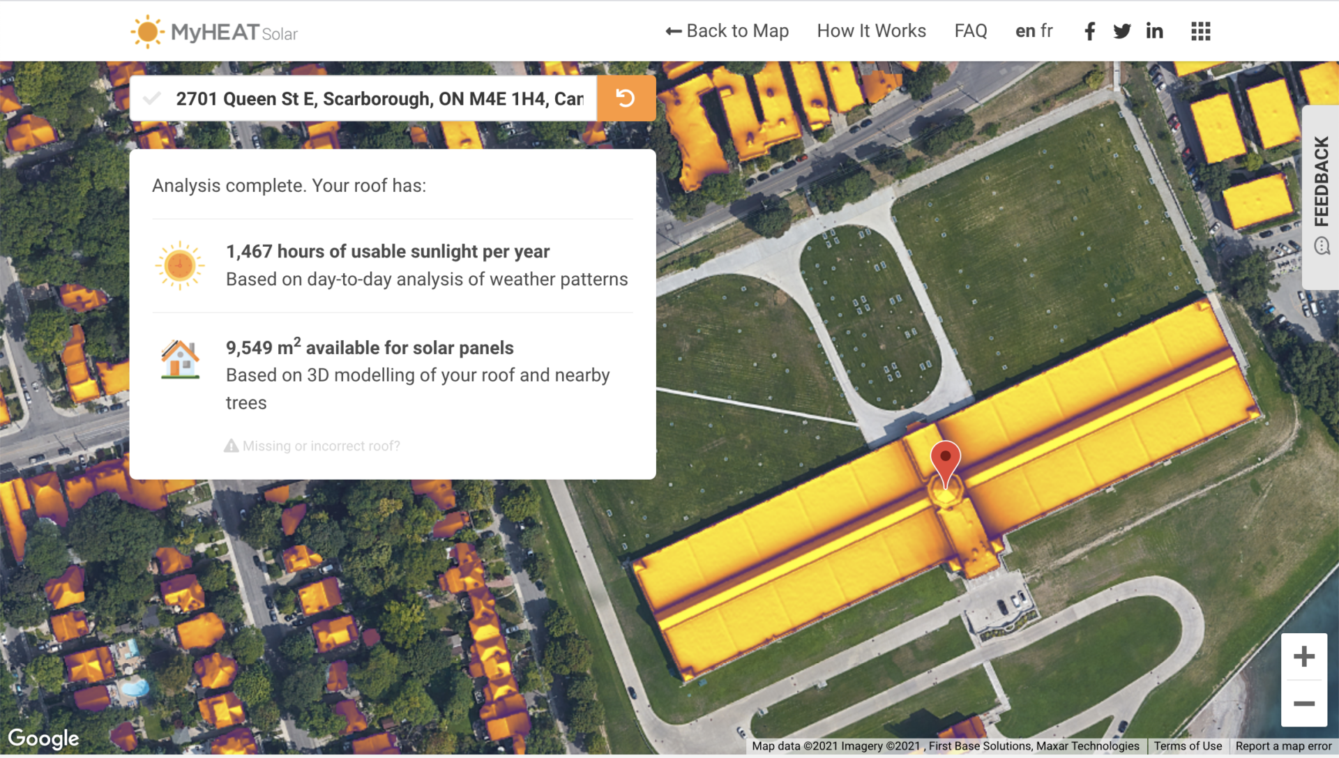 A solar map showing how much sun the roof of the R.C. Harris Water Treatment Plant building gets at 2701 Queen St. E, Scarborough, Ontario