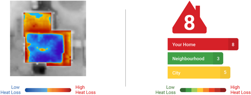 A thermal infrared heat loss map of a home and its HEAT Rating - a 1-10 depiction of home energy loss