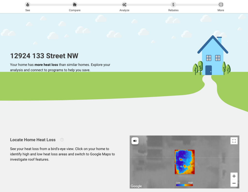 A screen capture of the MyHEAT Heat Loss Map home profile displaying a home's heat loss with a visual rooftop map