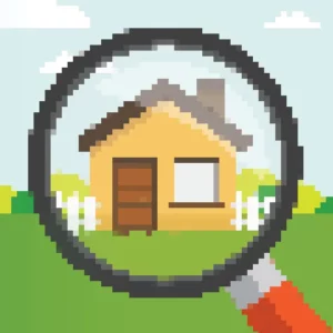 A pixelated graphic of a magnifying glass inspecting a home