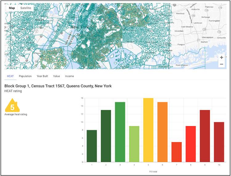 A screenshot of MyHEAT's Heat Loss platform showing HEAT Ratings by census tract, a measure of energy efficiency in New York