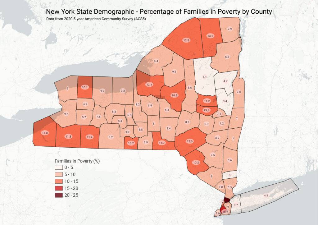 A map depicting the percentage of families in poverty by county in New York State