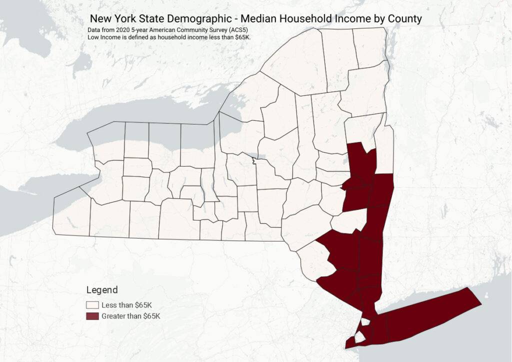 A map depicting the median household income by county in New York State