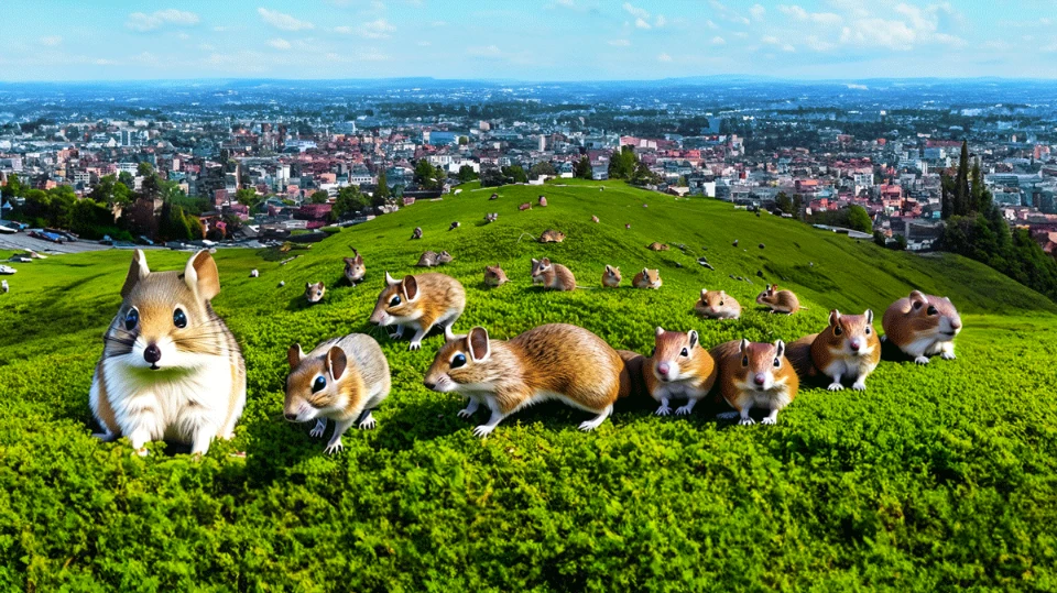 An AI-generated photorealistic image of many gerbils on a hilltop above a cityscape
