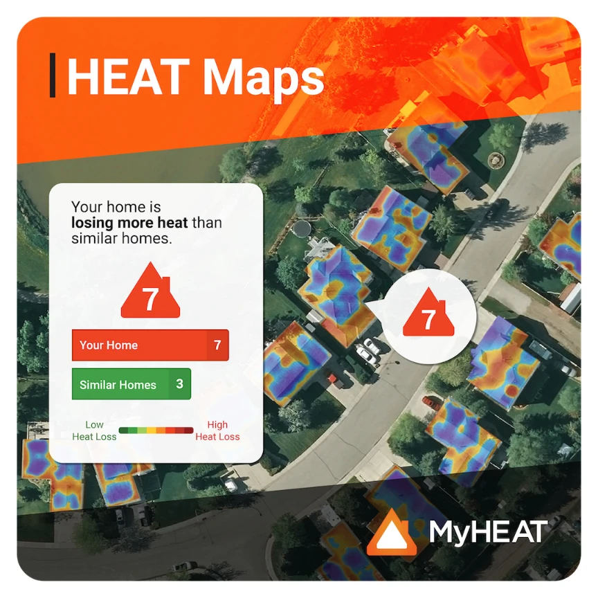 An aerial heat loss map showing a home's rating of 7 (out of 10) and a comparison to other home ratings.