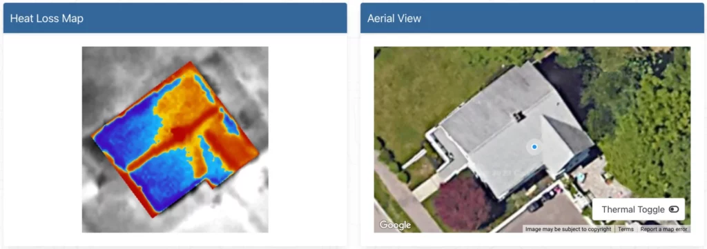 A side by side comparison of an aerial heat loss map and a satellite view of the same home